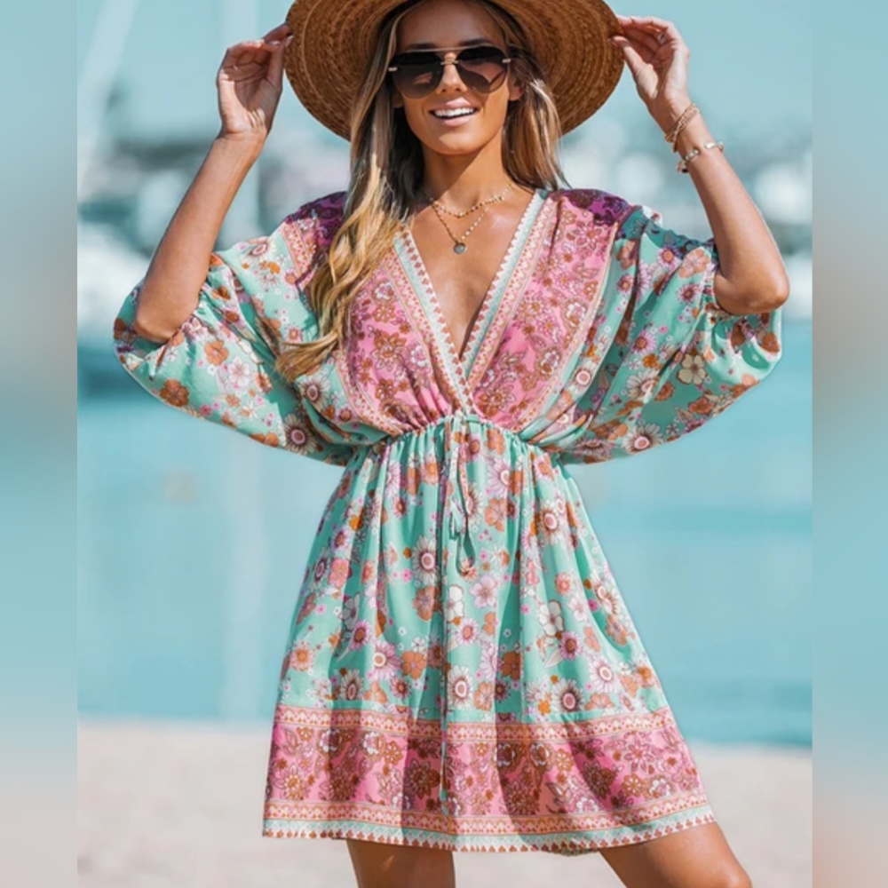 Various sizes: Boho Floral Mini Dress with Drawstring V-Neck and Half Sleeve-NWT